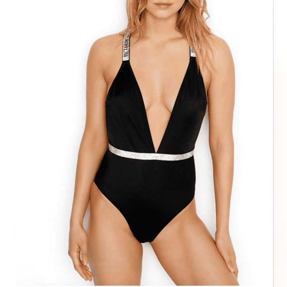 NWT Victoria Secret Rhinestone one piece black swimsuit size large - Picture 1 of 5